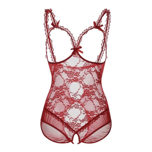 Erotic Red Lace Open Bust Hollow Out Open Crotch Bodysuit Sexy Lingerie - Picture 1 of 9